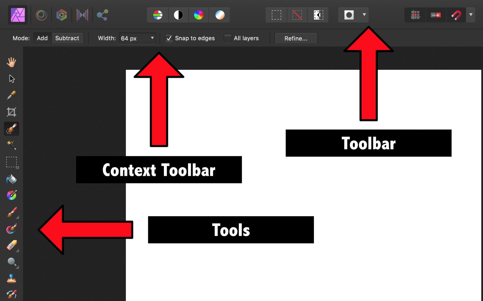 Affinity Photo has tools, a toolbar, and a context toolbar. 
